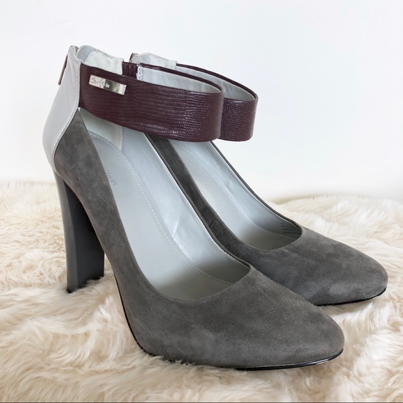 gray pumps with ankle strap